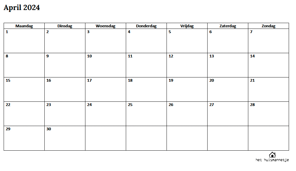 Maandkalender printen april 2024