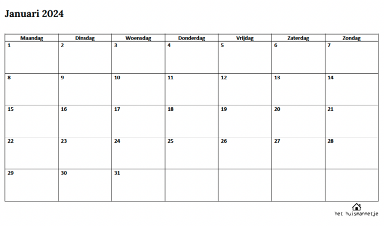 Januari 2024 Kalender Printen | Het Huismannetje