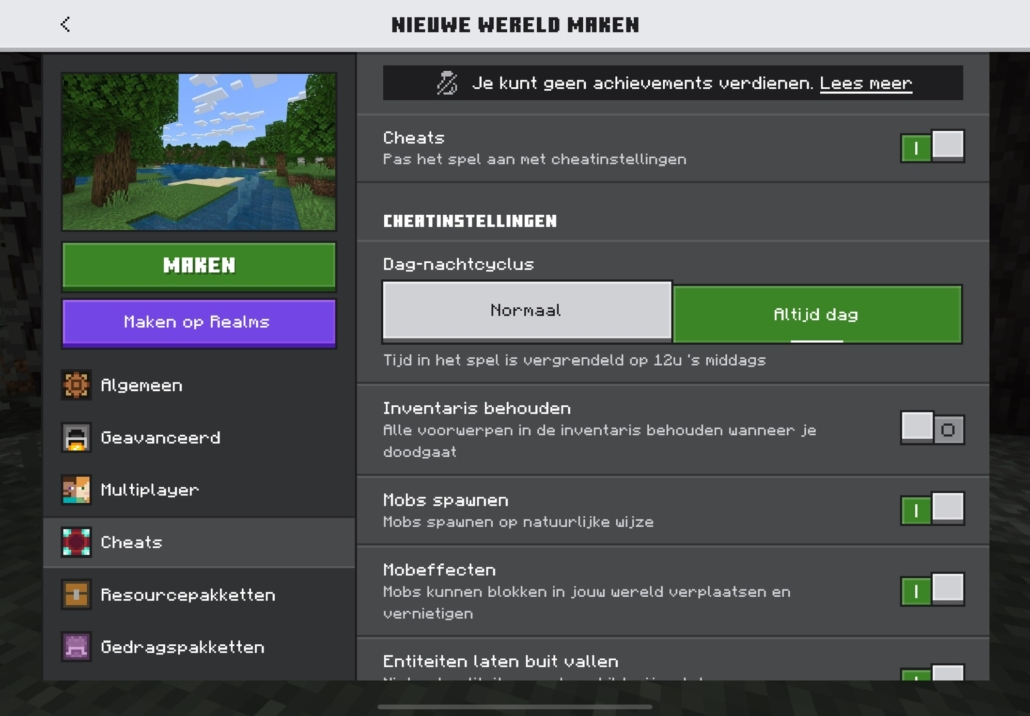 minecraft wereld instellen