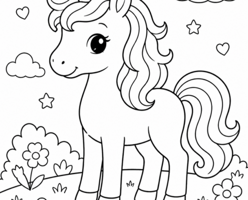 Kleurplaat unicorn bloemenweide A4 printen