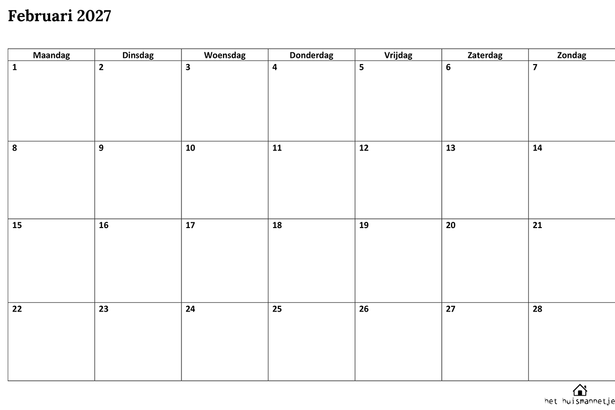 maandkalender-februari-2027 maandkalender februari 2027