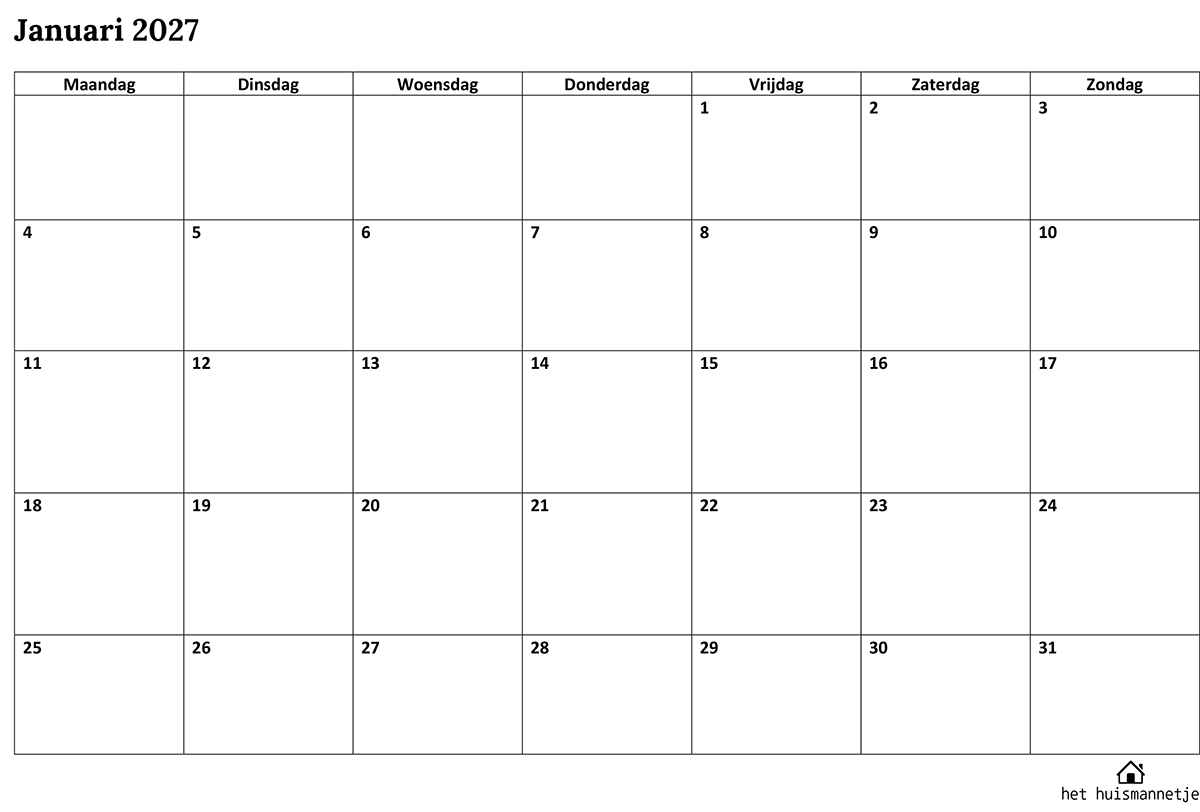 maandkalender januari 2027